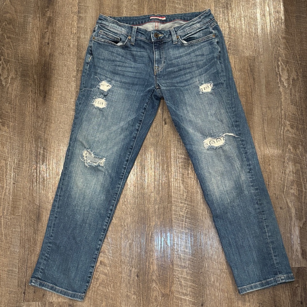 Tommy Hilfiger blue distressed jeans with lace detail